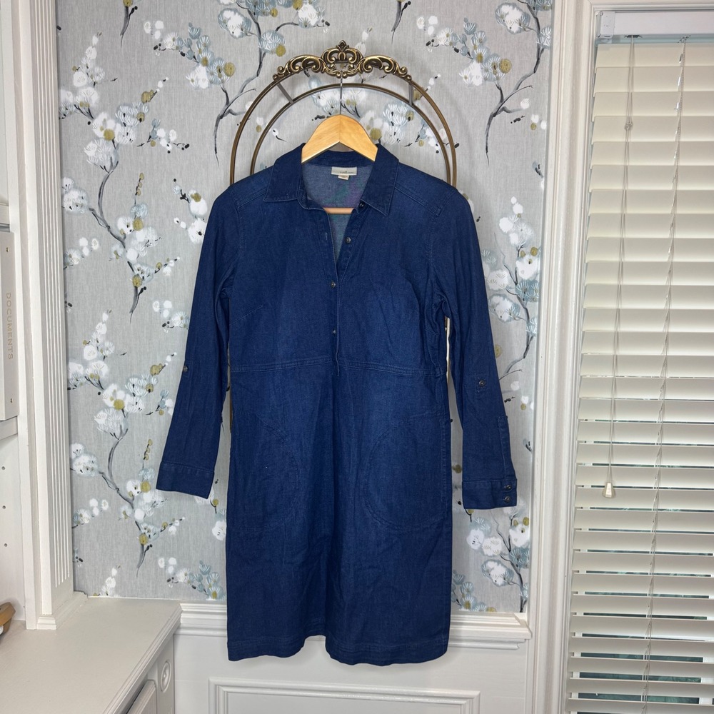J. Jill Denim Shirt Dress Womens XS Petite Blue Dark Wash Roll Tab Sleeve Cotton